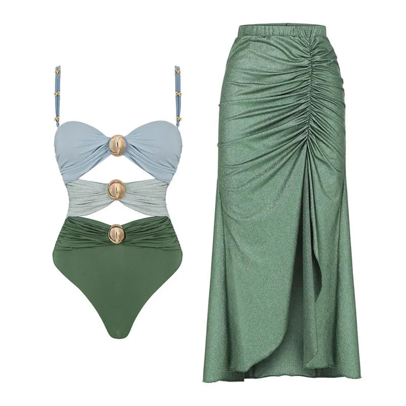 Women's yellow high waist split bikini swimsuit with skirt on beach