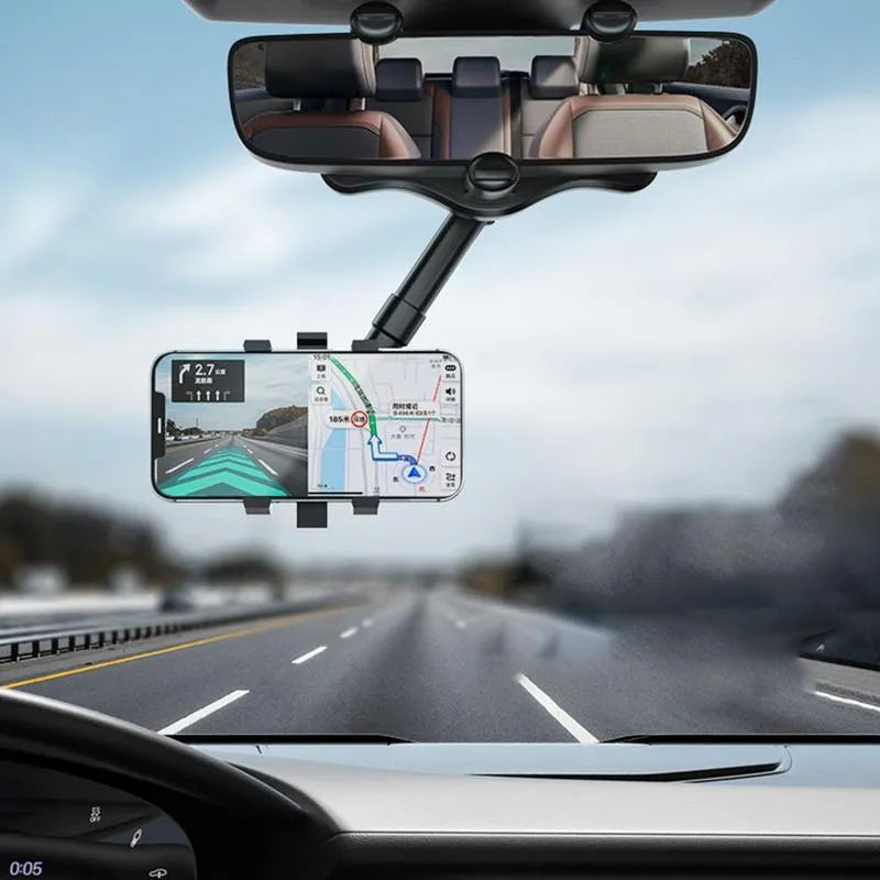 Black rearview mirror car phone holder with rotating head and telescopic arm extended