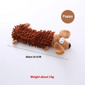 Soft plush microfiber dog chew toy in animal shapes including brown dog, yellow duck and pink pig