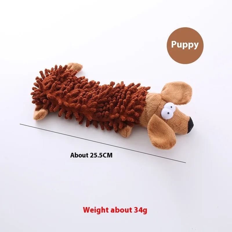 Soft plush microfiber dog chew toy in animal shapes including brown dog, yellow duck and pink pig