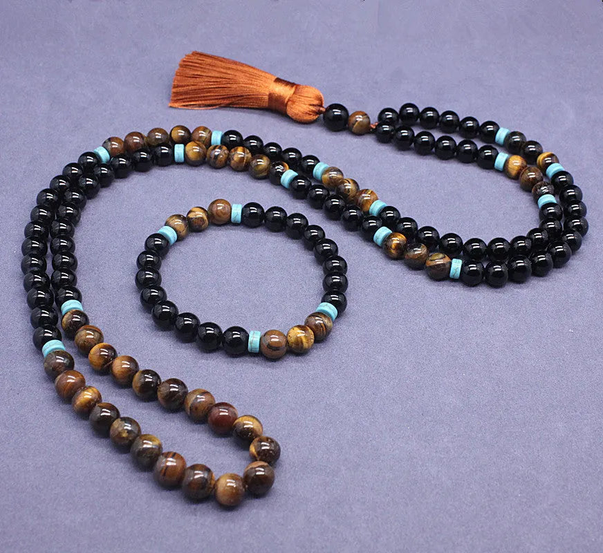 Black agate bracelet and tigereye stone necklace jewellery set with geometric design