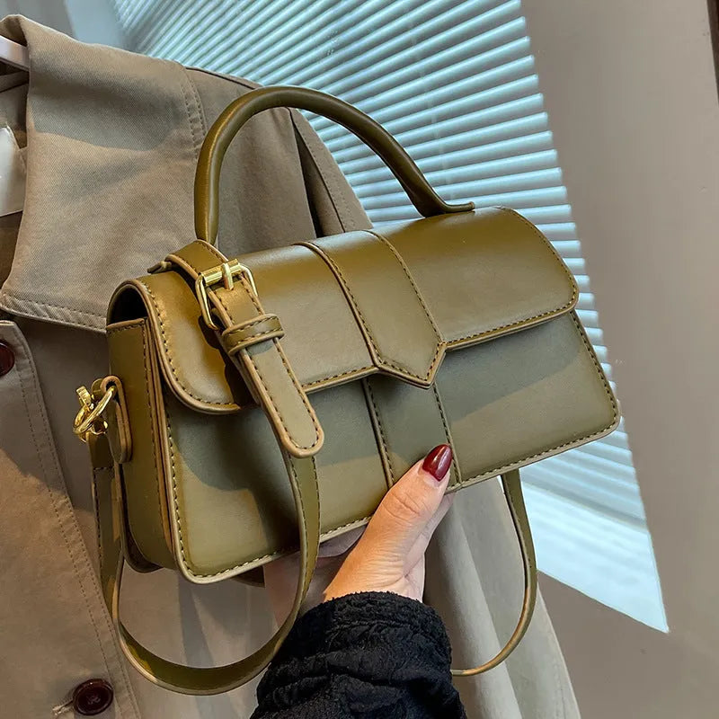 Women's brown PU leather messenger bag with horizontal square design showing sandwich pocket