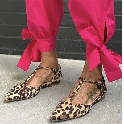 Women's leopard print pointed toe pumps with chunky low heel and cross shoulder strap