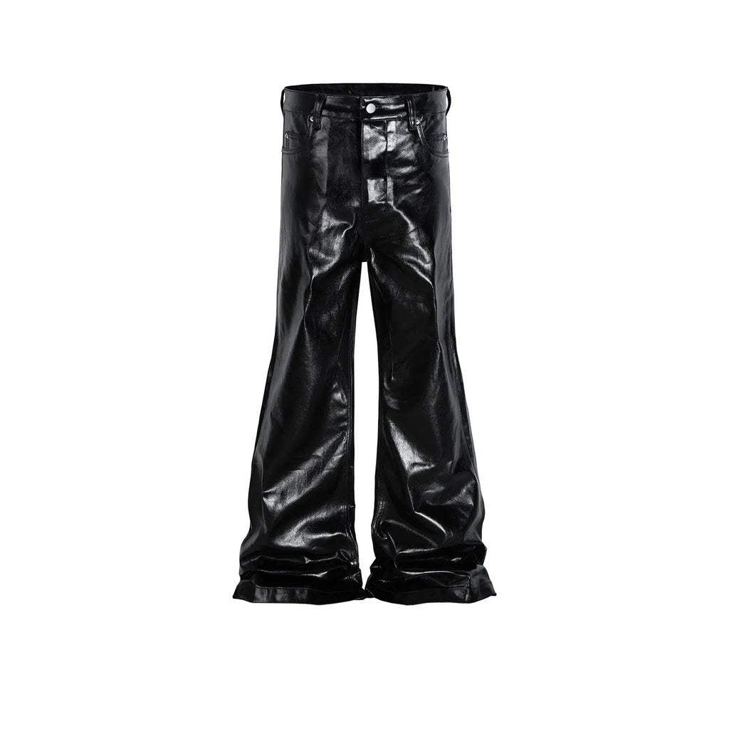 Black shiny patent leather coated skinny jeans straight leg cut mid waist cotton denim