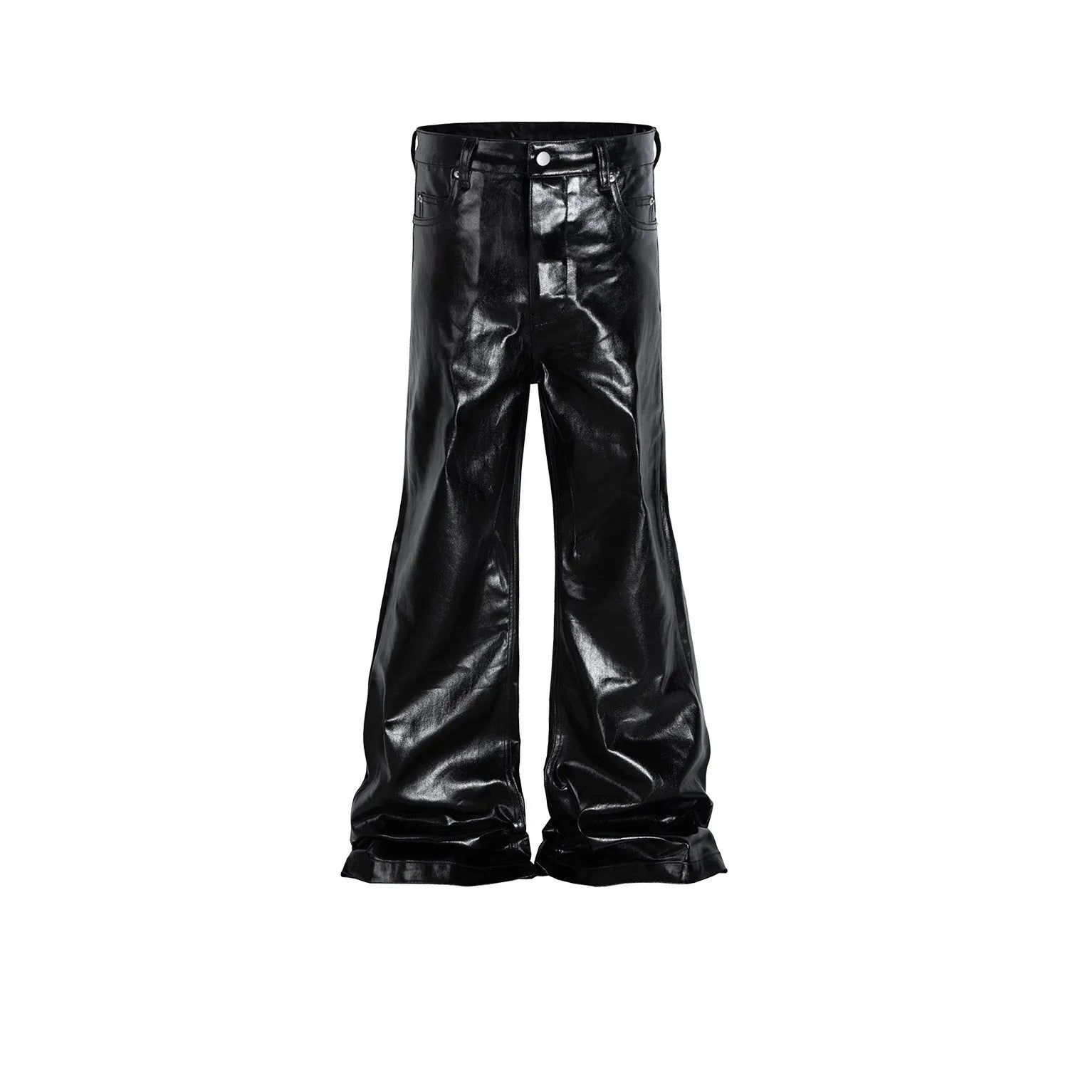 Black shiny patent leather coated skinny jeans straight leg cut mid waist cotton denim