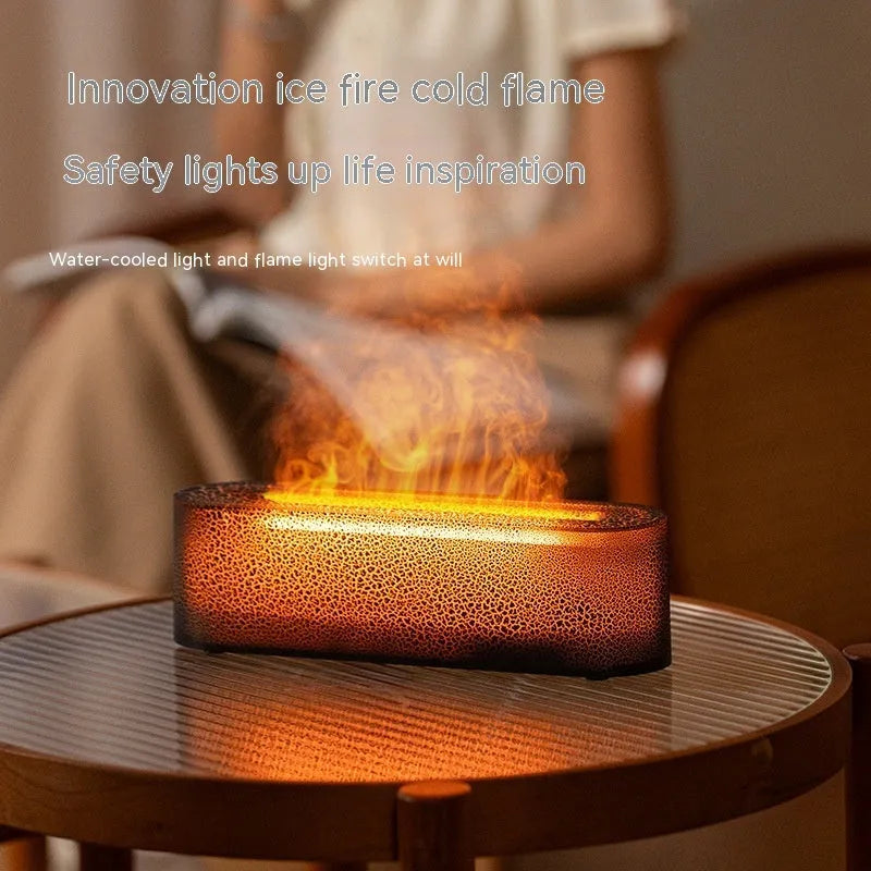 Square black creative lava atmosphere desktop humidifier and aroma diffuser with colourful flame light effect.