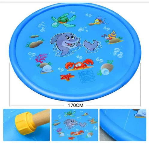 Blue PVC children's water spray mat with marine animal prints connected to garden hose
