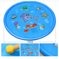 Blue PVC children's water spray mat with marine animal prints connected to garden hose