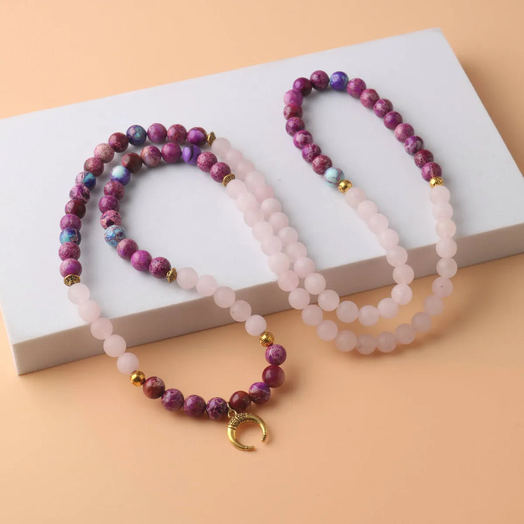 Round Emperor Stone necklace pendant with pink crystal detailing on chain