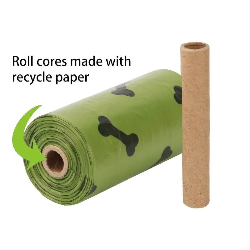 Roll of degradable military green dog poop bags with black bone print, showing bag size and dispenser option.