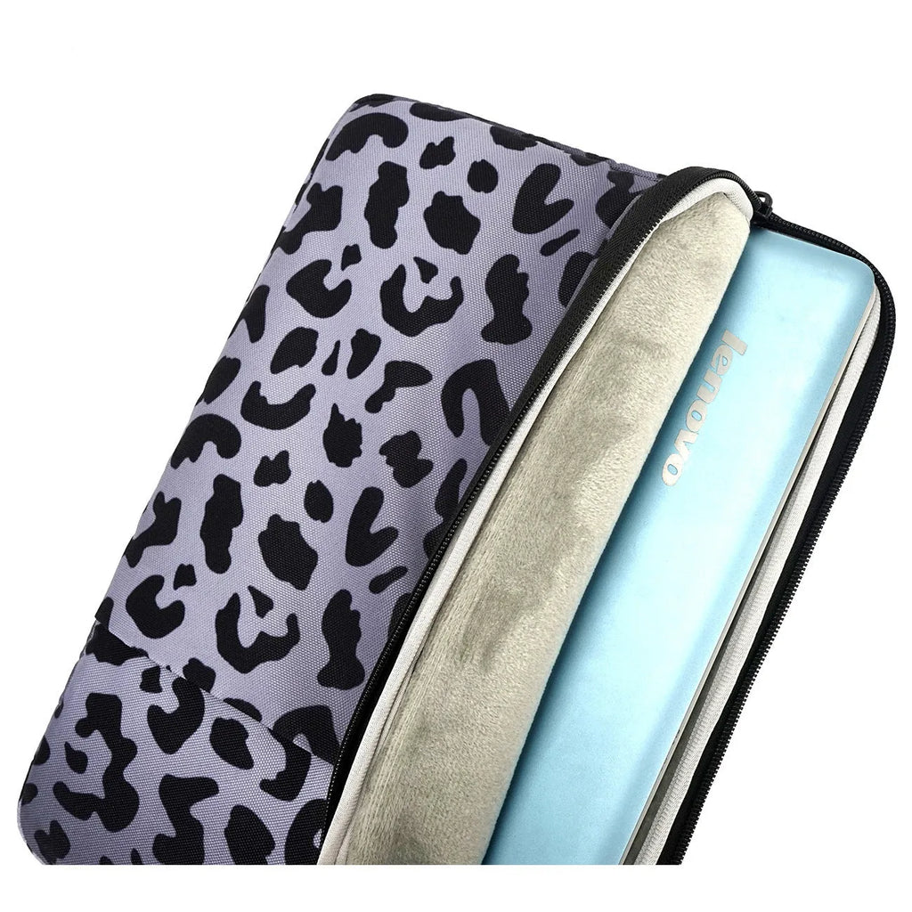 Leopard print laptop sleeve for 13-inch to 16-inch devices with waterproof polyester and anti-shock lining.