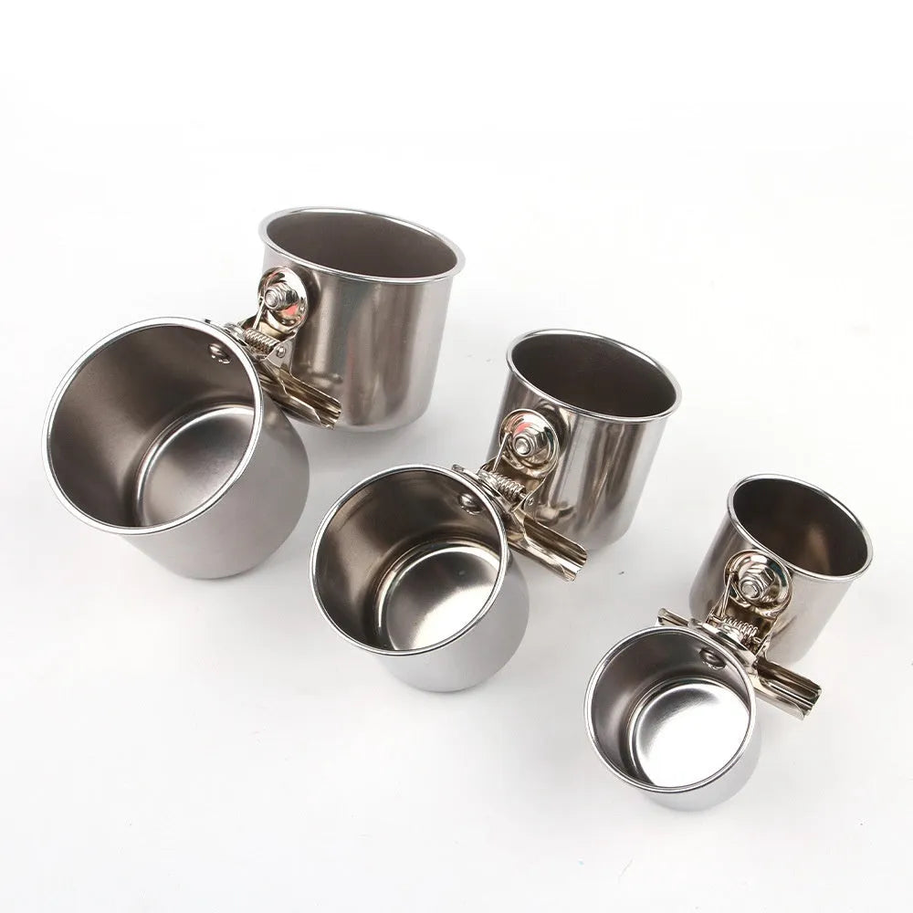Stainless steel birdcage feeder in natural finish, shown in small, medium, and large size options.
