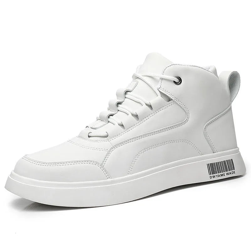 Men's white mid-top sports board shoes with round toe and front lace-up design