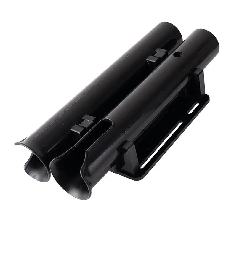 Plastic fishing rod rack clamp mounted on bicycle frame with fishing rods secured
