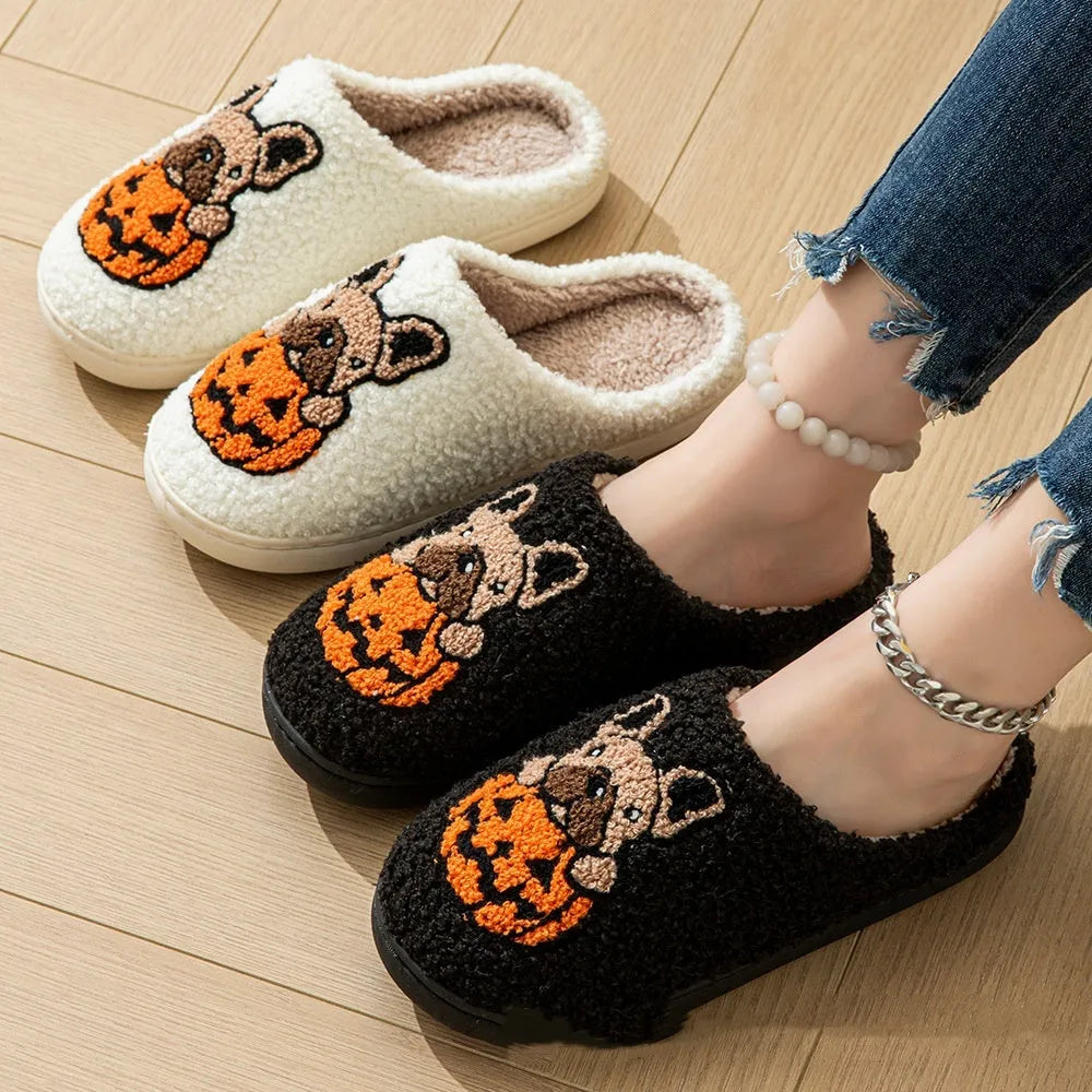 Halloween pumpkin themed plush slippers with non-slip rubber soles