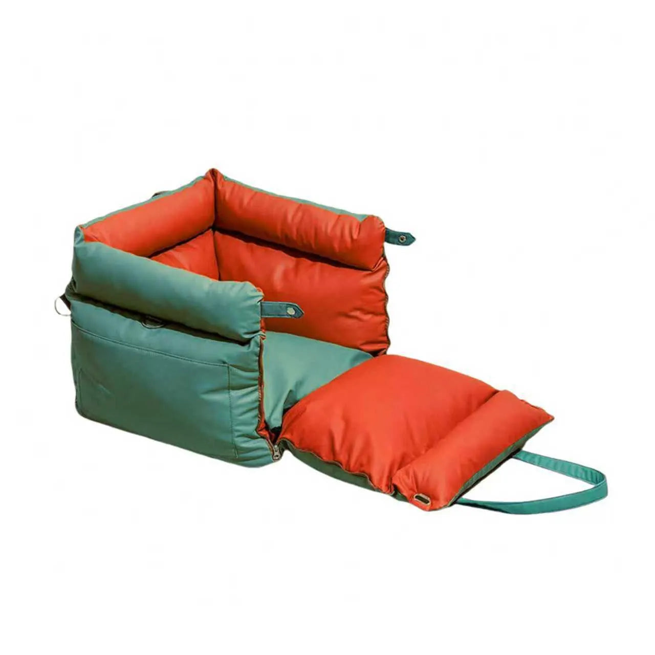 Green waterproof PU leather dog car nest with removable cover, shown in a car footwell.