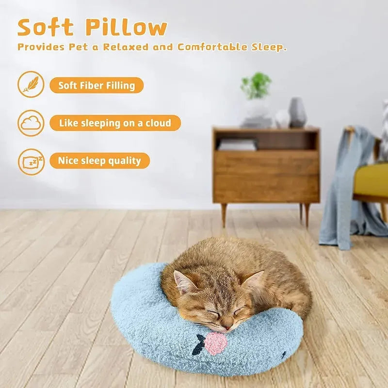 Plush U-shaped pet pillow for small cats and dogs in blue, showing quilted faux fur texture.