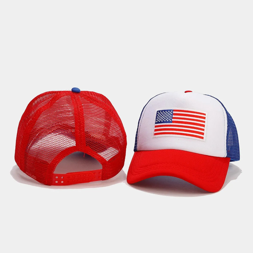 Red and blue contrast baseball cap with dome crown and adjustable strap