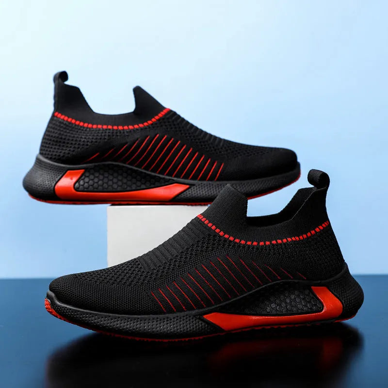 Men's striped mesh slip-on sneakers with flyknit upper and lace closure