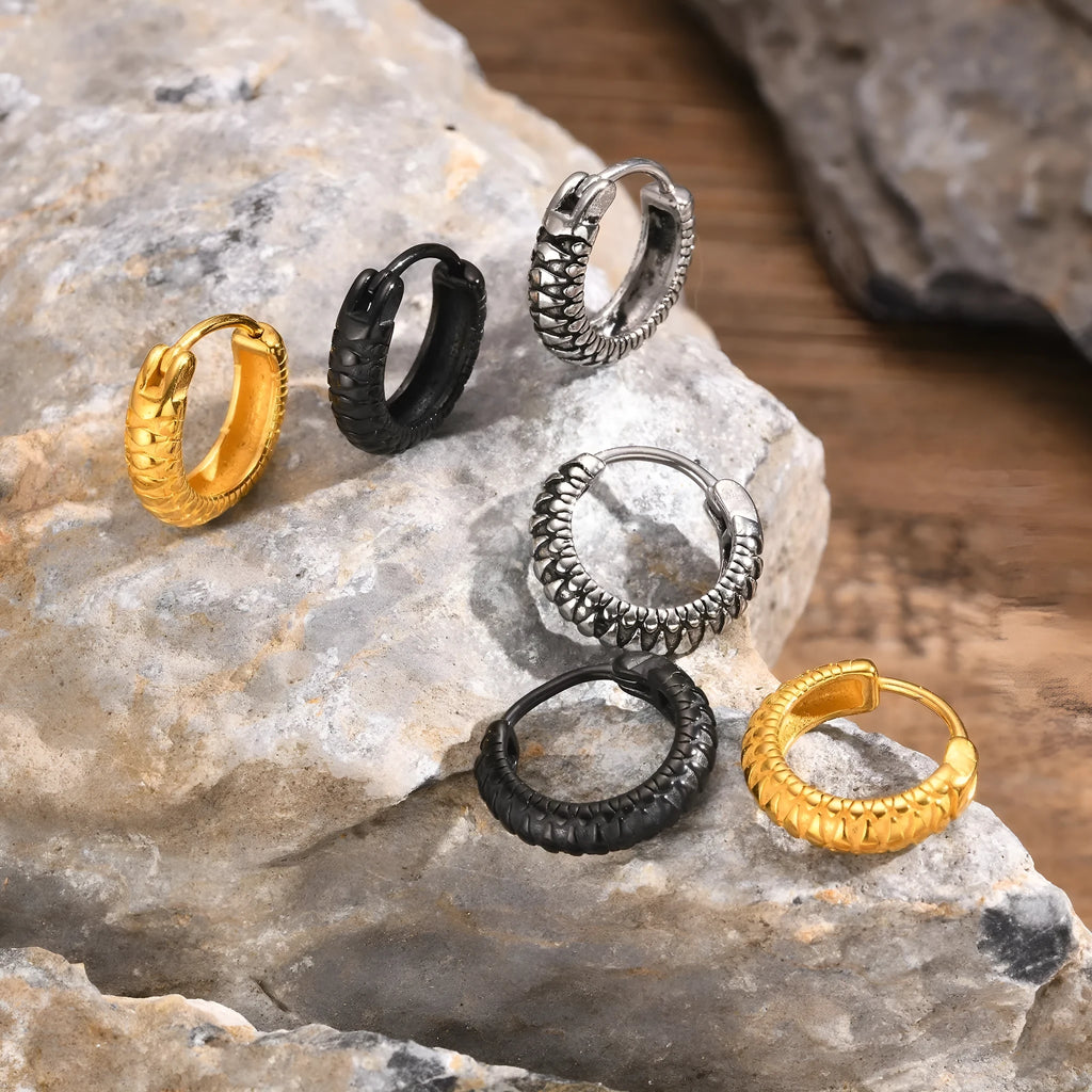 Stainless steel snake pattern hip hop ear rings in black and gold options for pierced ears