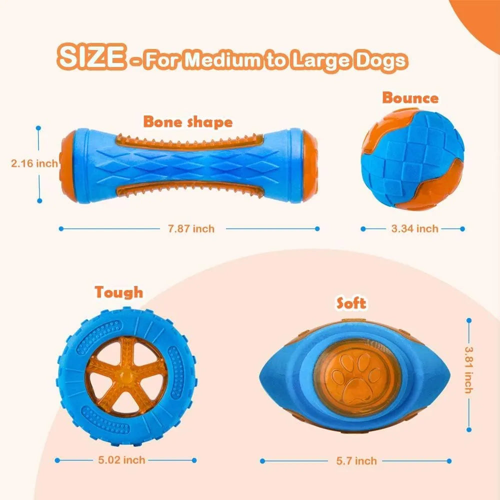 TPR dog toy set with ball, barbell, and tires floating in water