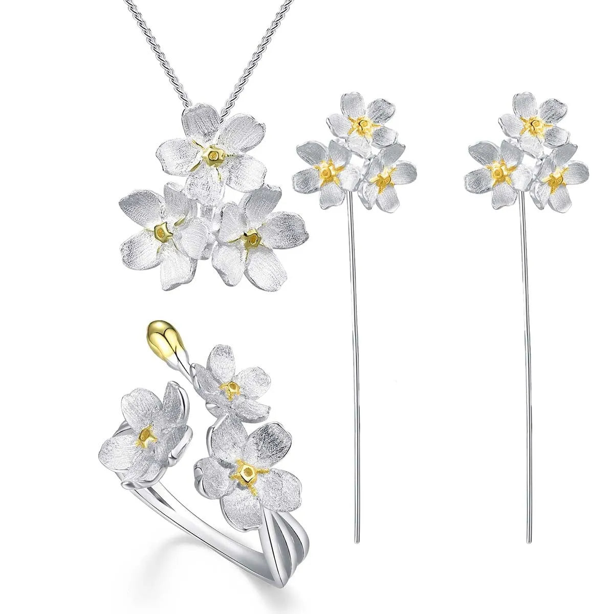 Sterling silver Myosotis Sylvatica flower pendant with hand-designed pastoral style