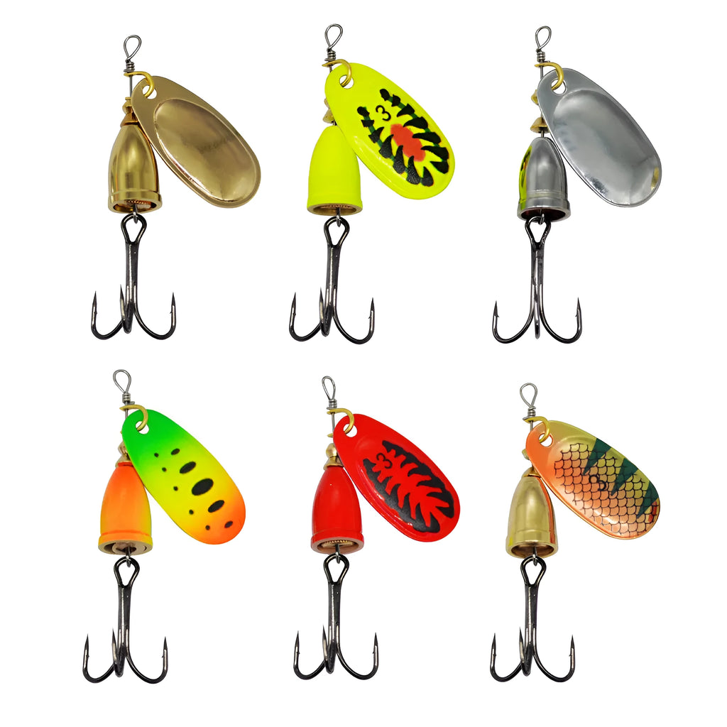 3# size metal fishing lure with a rotating sequin blade and a copper bell component in one of seven colour options.