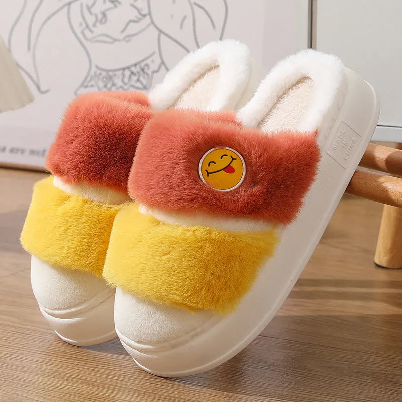Thermal cotton slippers with plush upper and cashmere lining in pink green or black grey colour matching for winter warmth