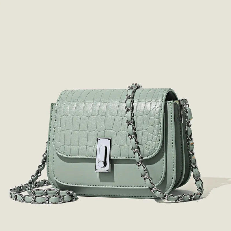 Soft black PU leather women's chain shoulder bag with cross-body strap and sewn detailing