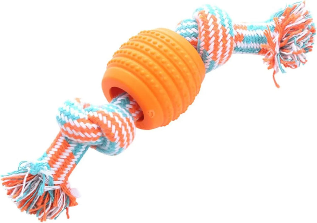 Blue dog chew toy with molar cleaning texture and integrated rope sections for dental health support