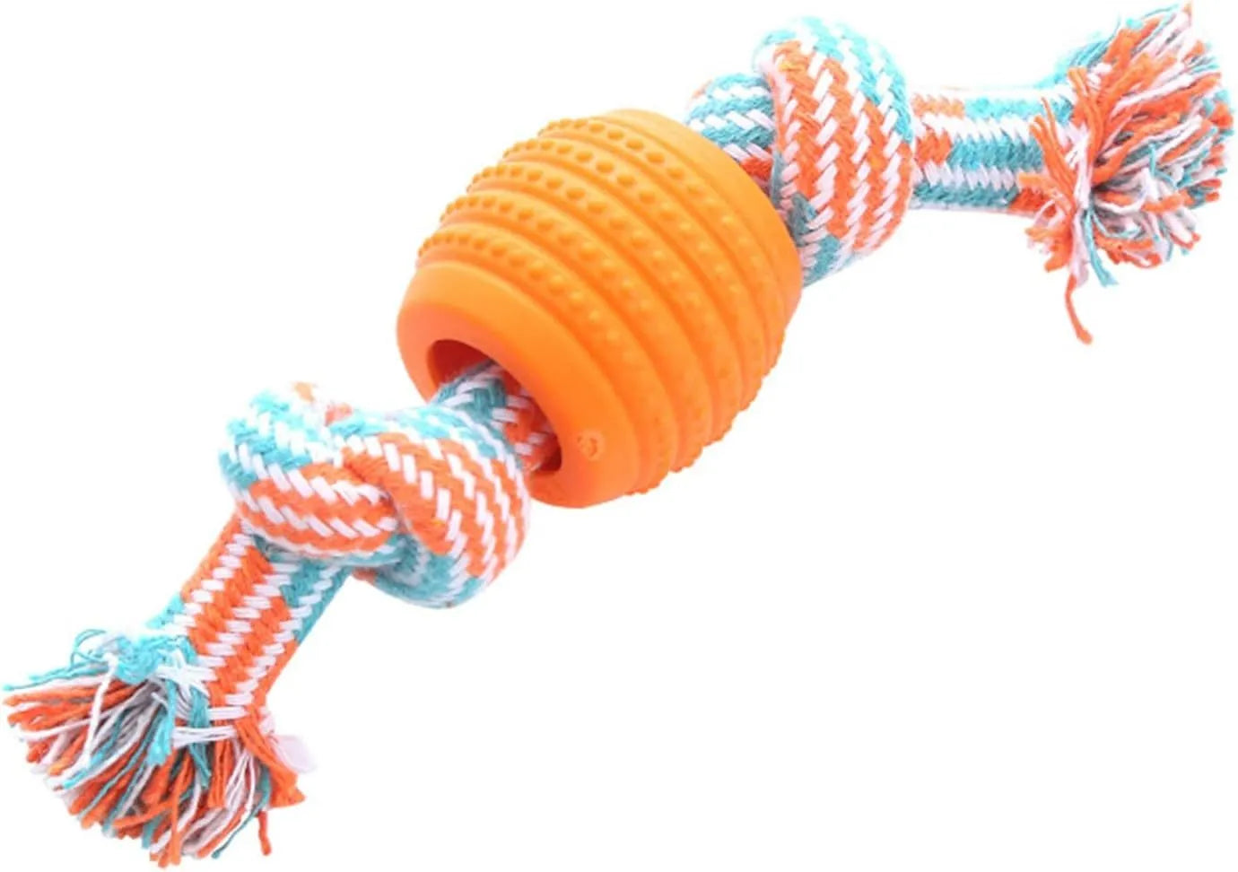 Blue dog chew toy with molar cleaning texture and integrated rope sections for dental health support