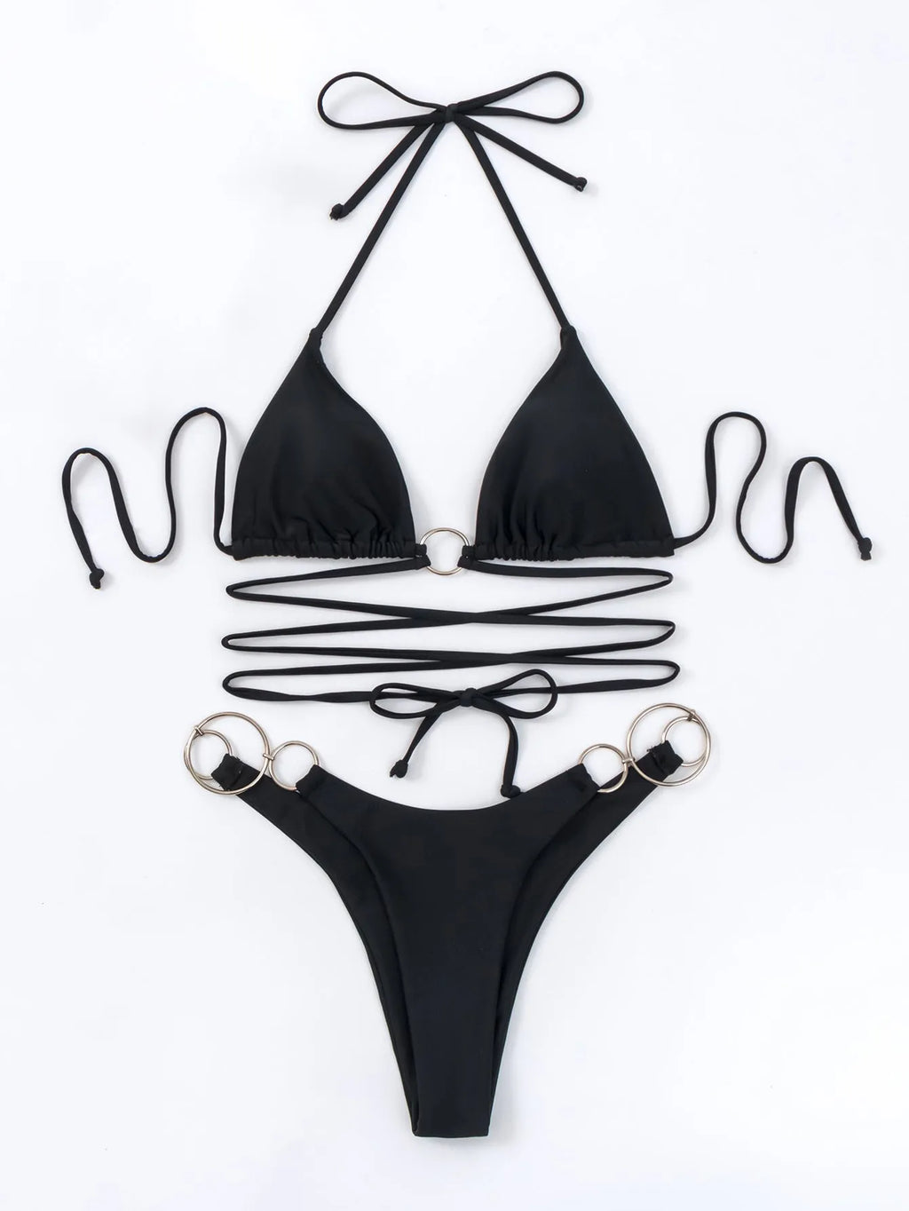 Black women's backless bikini set with long straps and metal ring details.