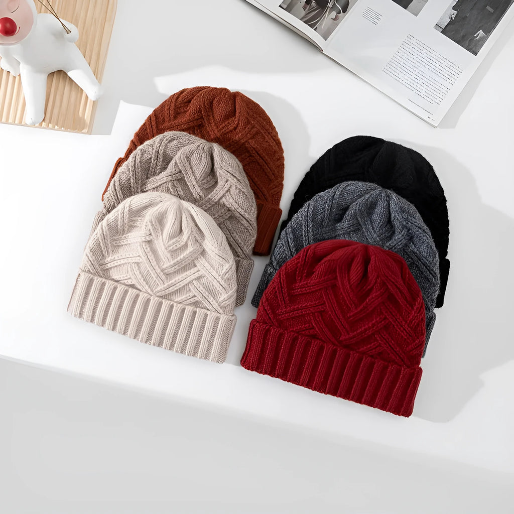 Women's wool knitted winter hat with dome crown in totem pattern, shown in ankela red colour