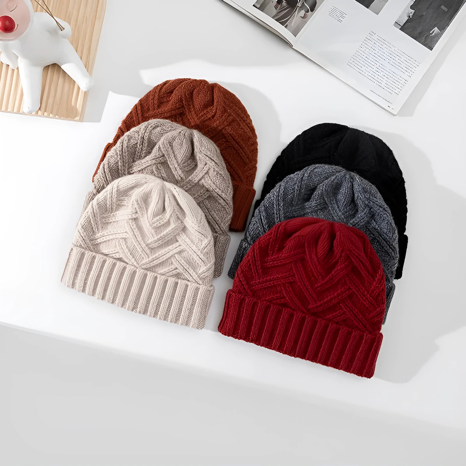 Women's wool knitted winter hat with dome crown in totem pattern, shown in ankela red colour