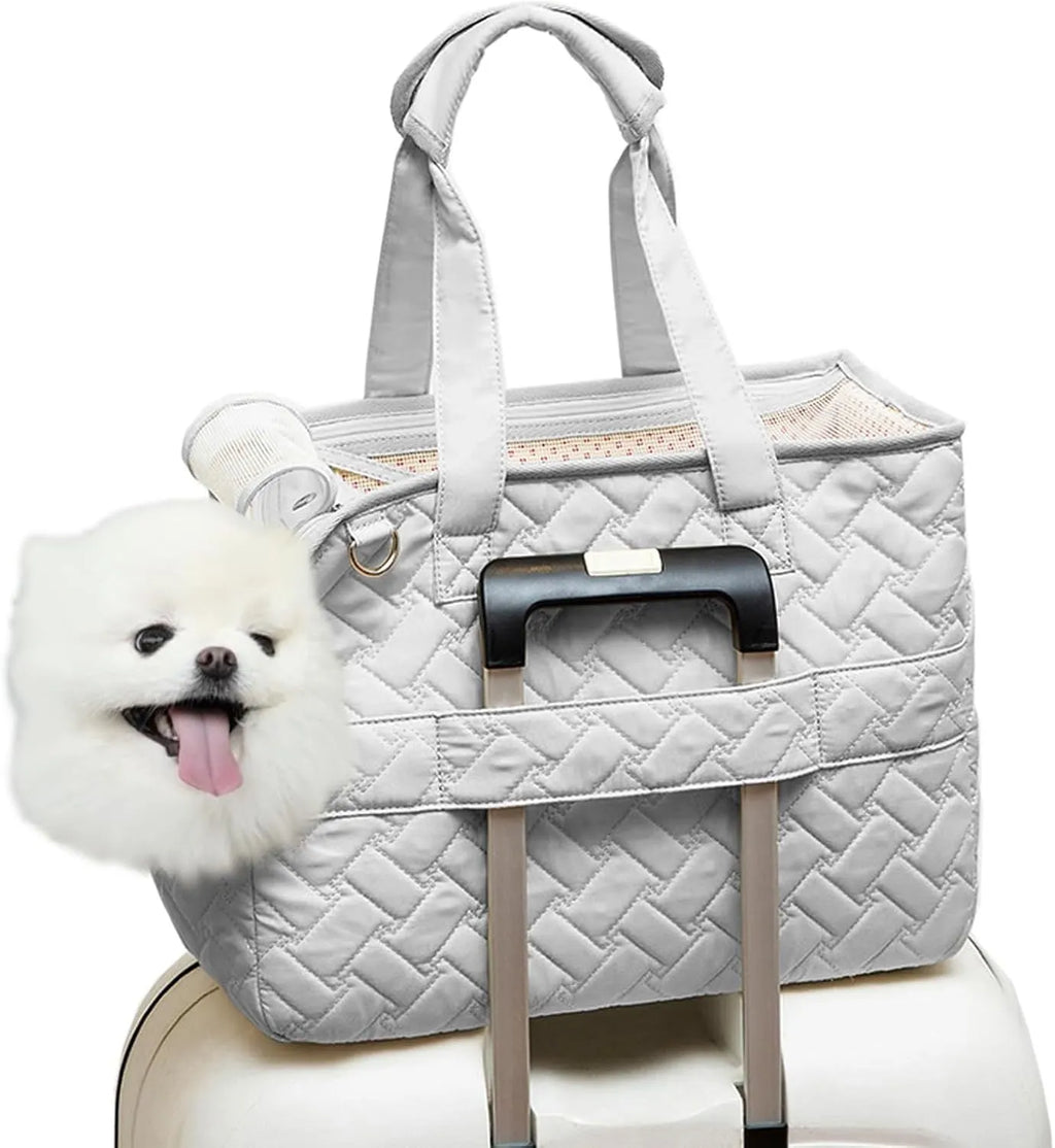 Grey pet carrier handbag with mesh panels and safety cord for cat or small dog transport