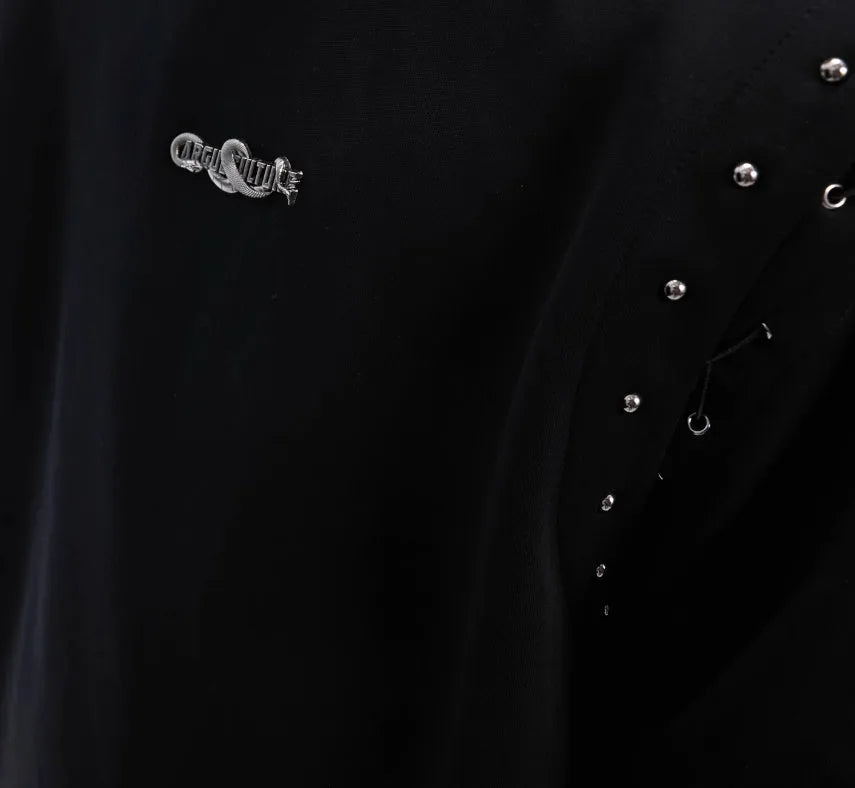 Deconstruction style short sleeve T-shirt with lace-up cutout detailing in black.