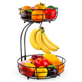 Black double-layer wrought iron fruit basket with open metalwork design
