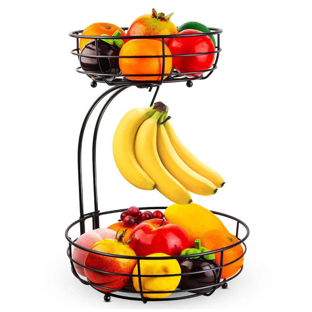 Black double-layer wrought iron fruit basket with open metalwork design