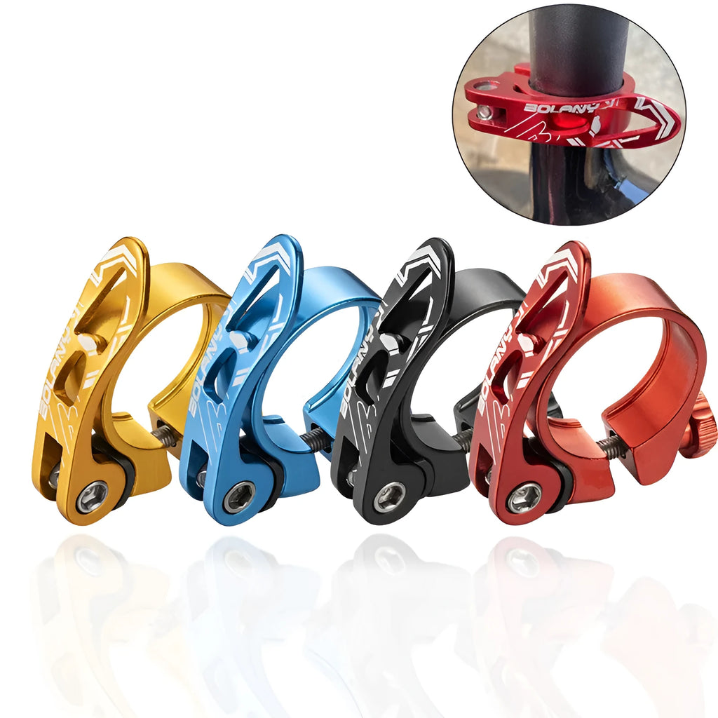 Aluminium bicycle seat post clamp in black red gold or blue colours showing 31.8mm and 34.9mm size options