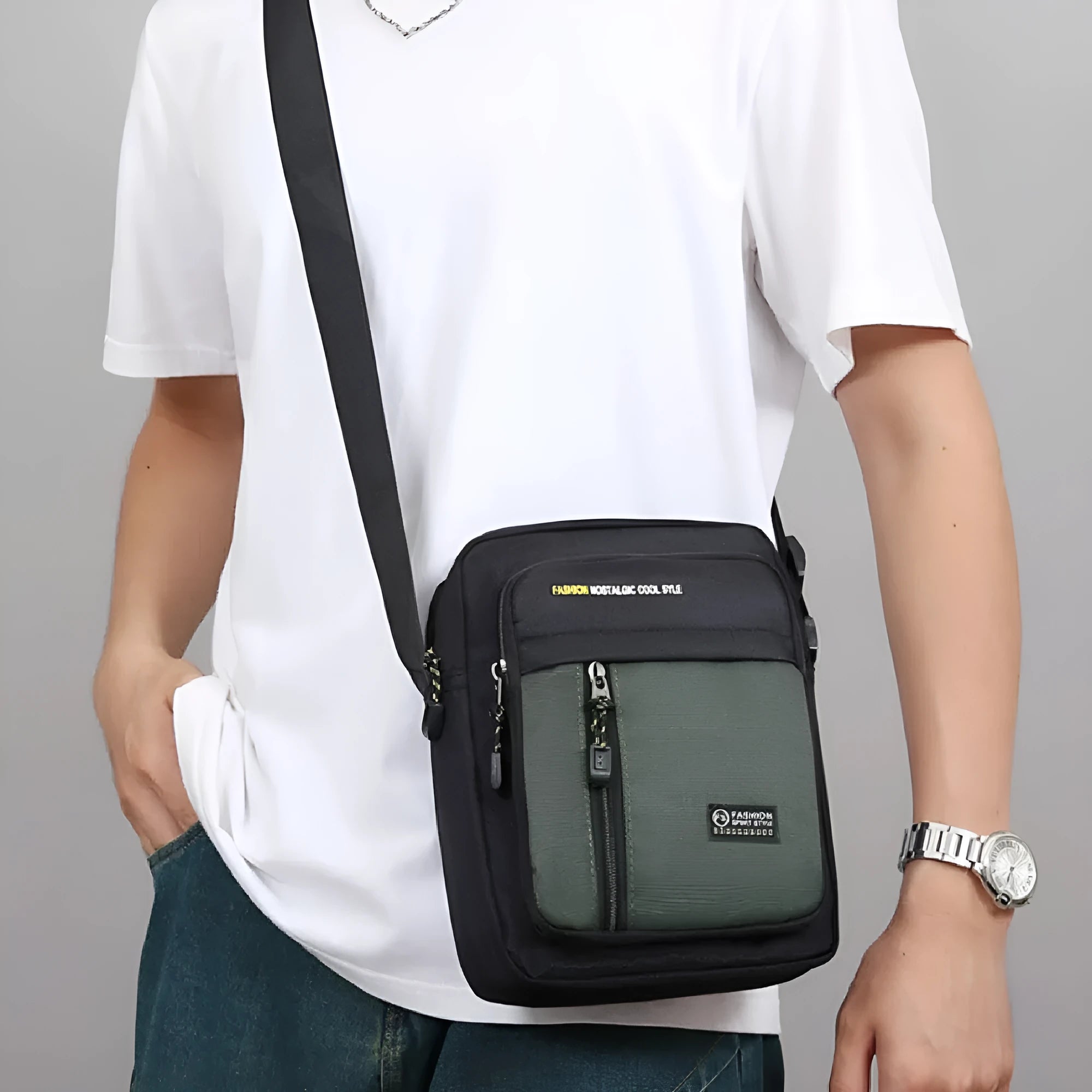Men's casual nylon messenger bag in crossbody style with sewing thread detail.