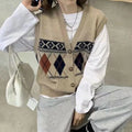 Women's loose sleeveless cardigan with diamond plaid pattern in acrylic fibre