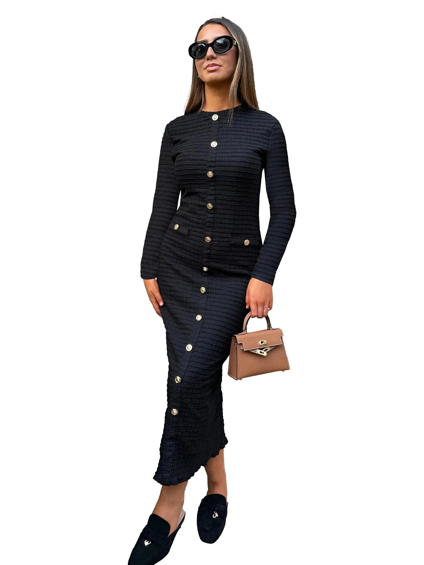 French retro slim fit knitted long-sleeved dress with button details in black colour