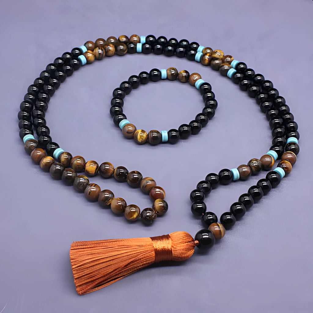 Black agate bracelet and tigereye stone necklace jewellery set with geometric design