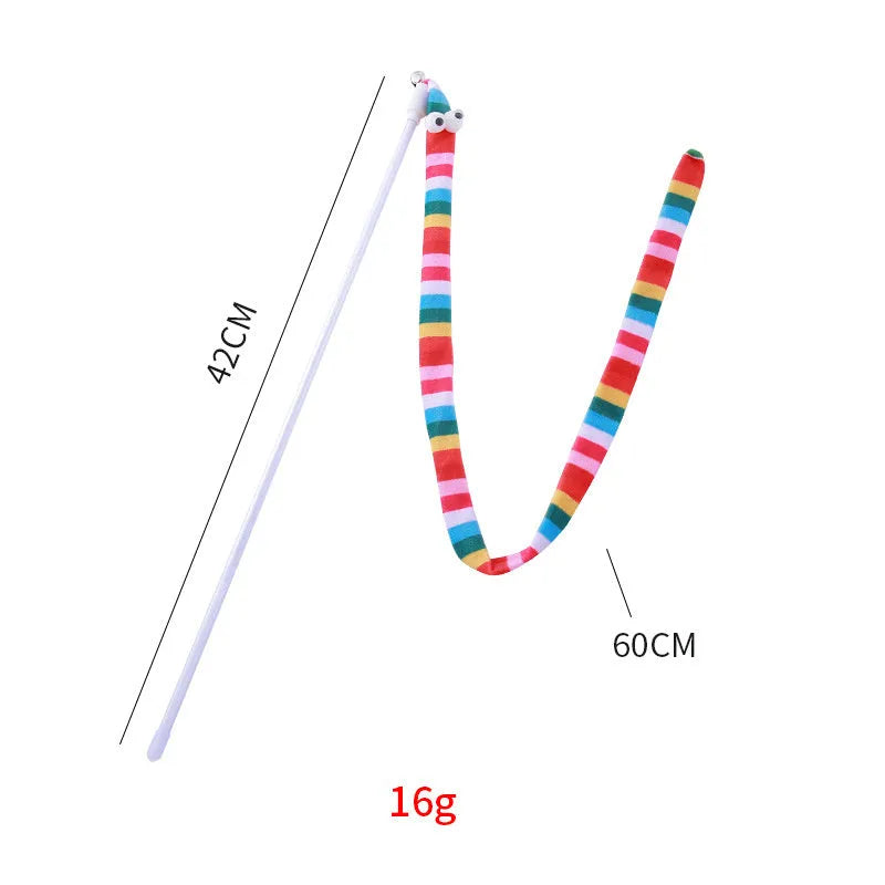 Long plush cat teaser wand toy with polycarbonate handle and colourful soft strip