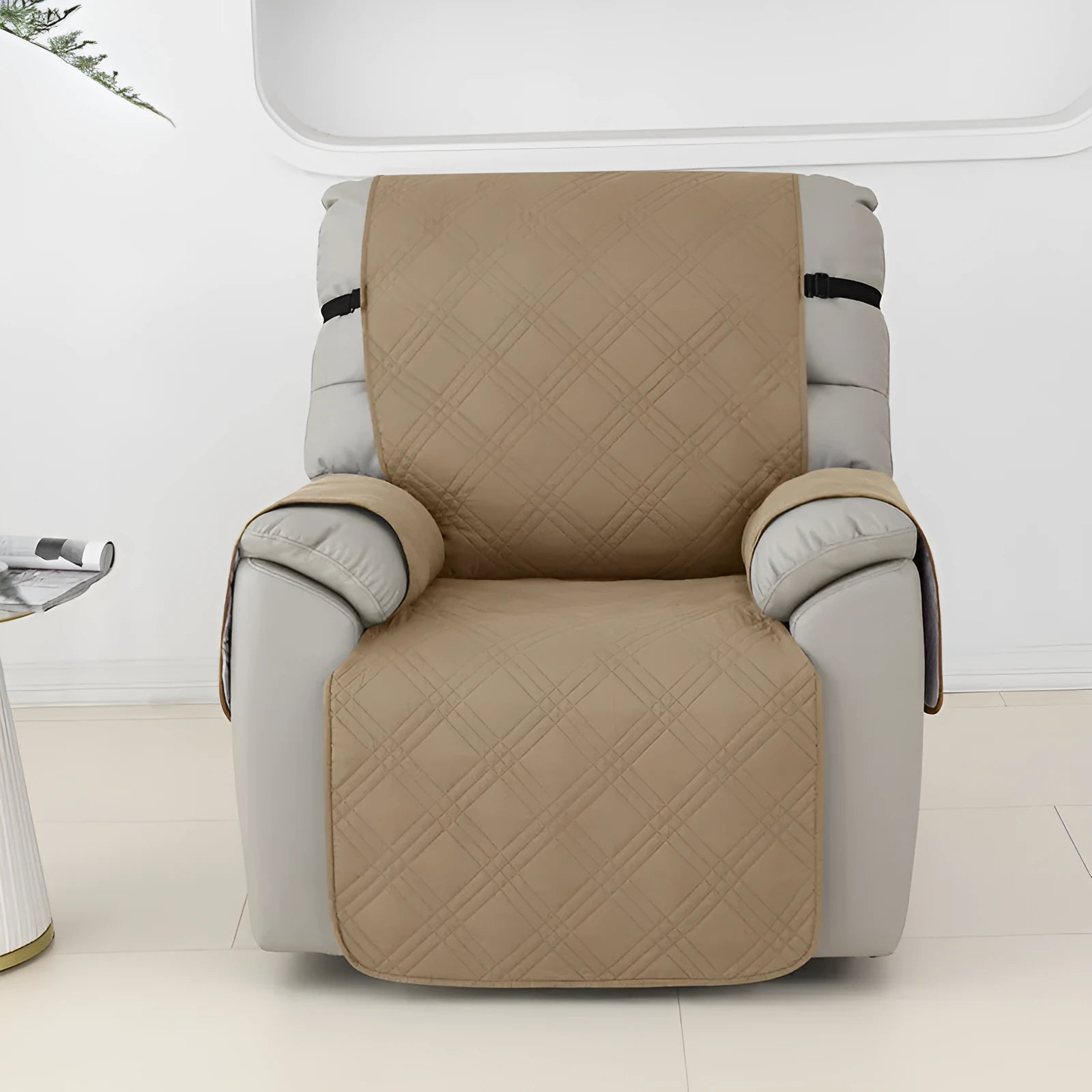 Chivas massage chair sofa cover in quilted burgundy fabric on a small single sofa
