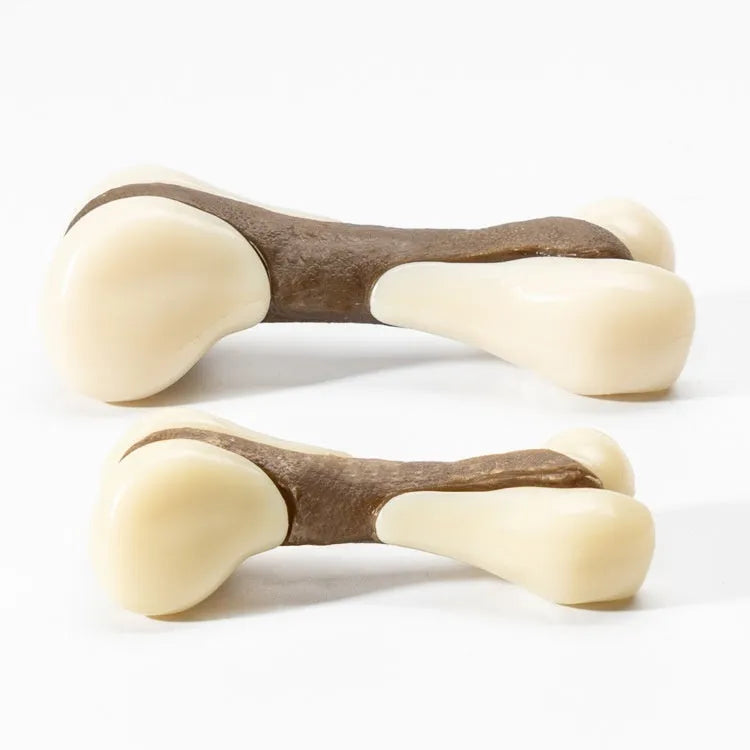 Cowhide and nylon bone-shaped dog chew toy in two sizes, large and small.