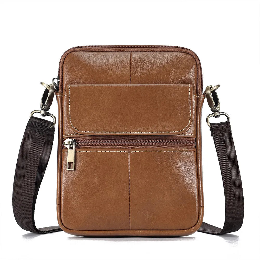 Men's brown genuine leather crossbody shoulder bag with shoulder strap and sewing line detailing