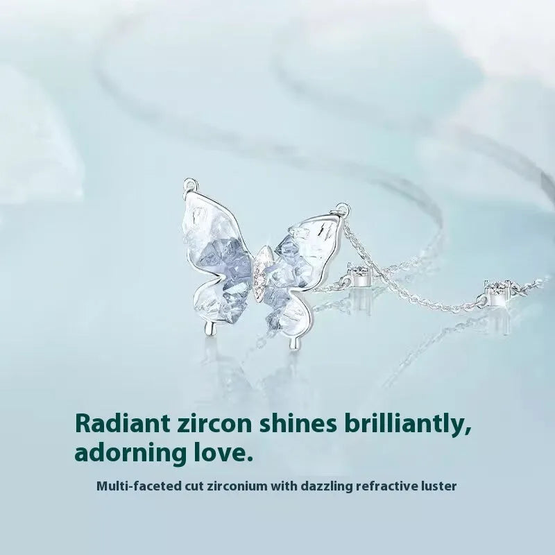 925 silver butterfly clavicle chain necklace with adjustable 41-50cm chain and ice rain pendant design