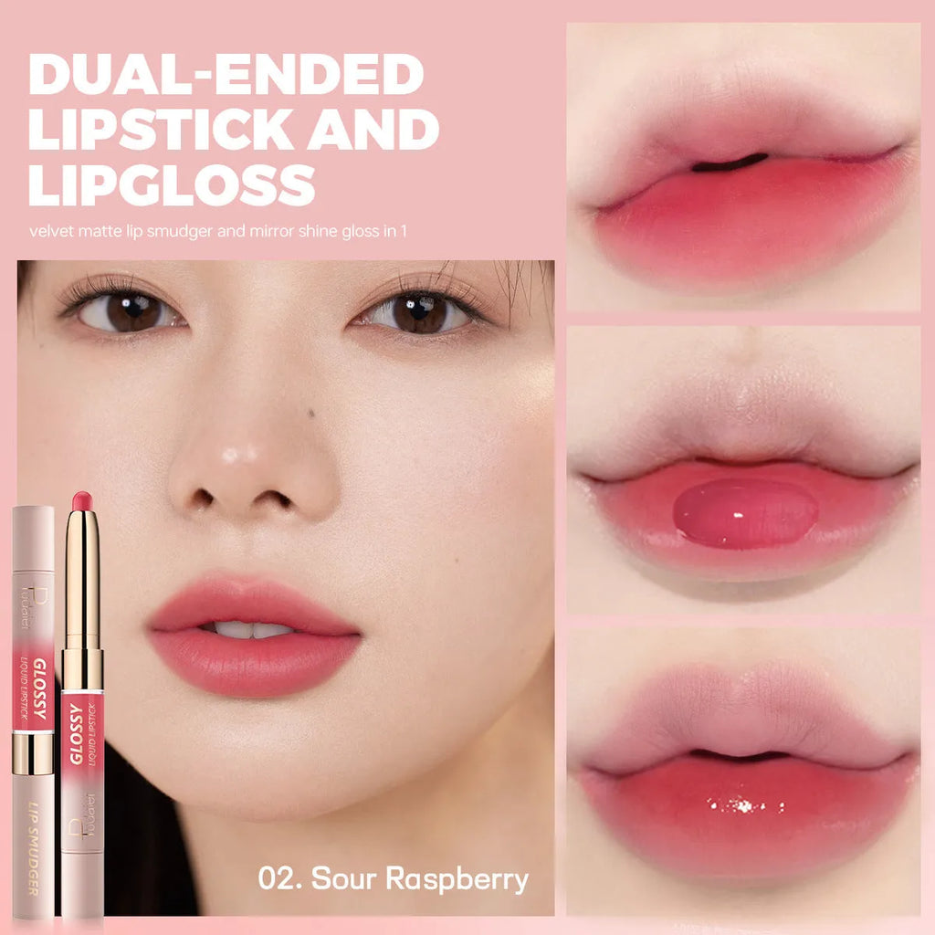 Double-headed lipstick case showing matte finish on one end and lip gloss on the other