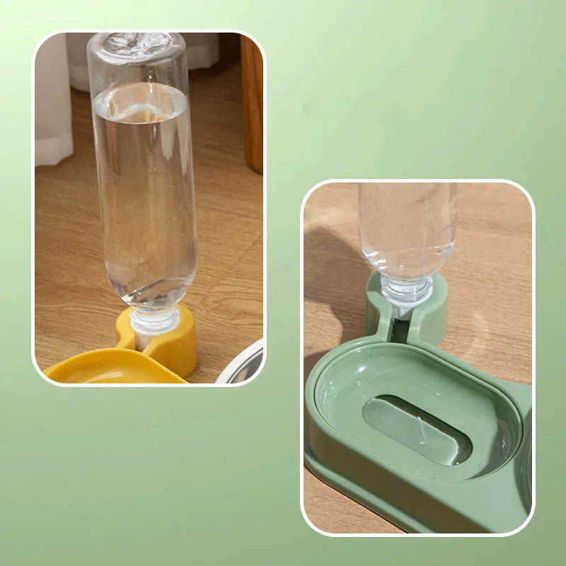 Brown elevated cat bowl with water dispenser bottle for automatic feeding